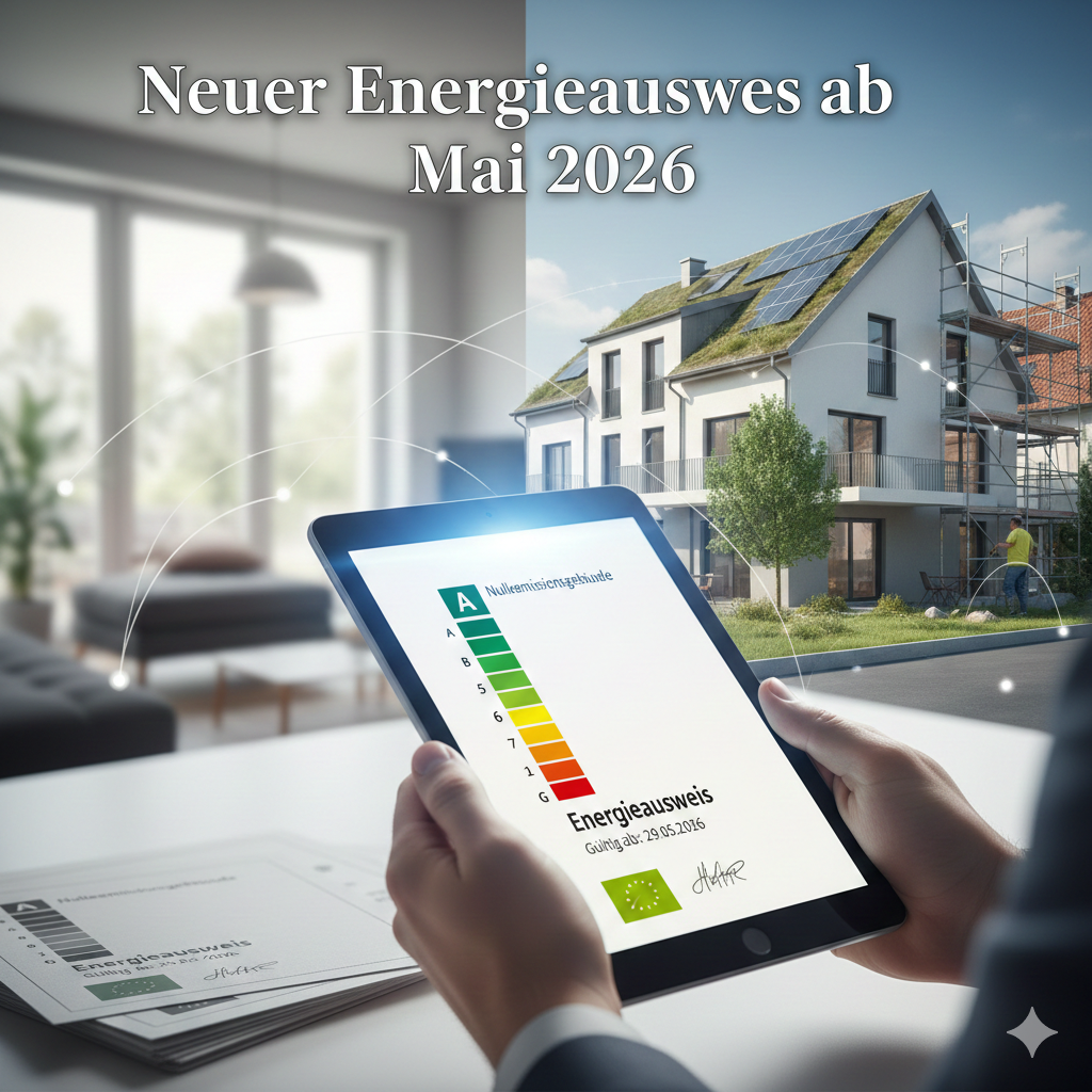 Person hält Tablet mit digitalem Energieausweis vor einem modernen Haus mit Solarpaneelen auf dem Dach