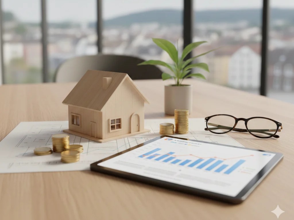 Holzmodell eines Hauses auf einem Tisch neben mehreren Münzstapeln, einer Pflanze, einer Brille und einem Tablet mit einem Balkendiagramm