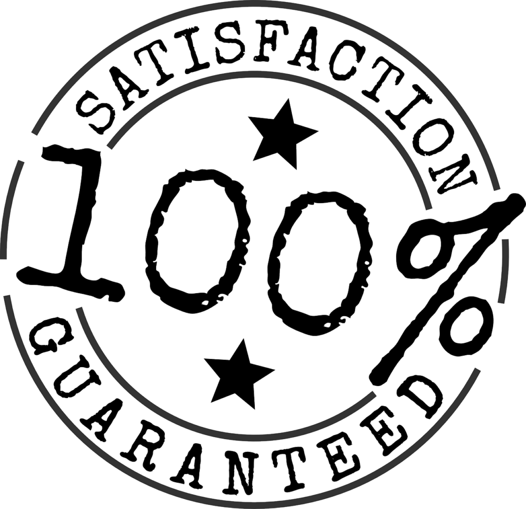 kreisrunde zeichnung in der Art eines Stempels, in der Mitte große Aufschrift 100%, im Kreis steht: Satisfaction guaranted