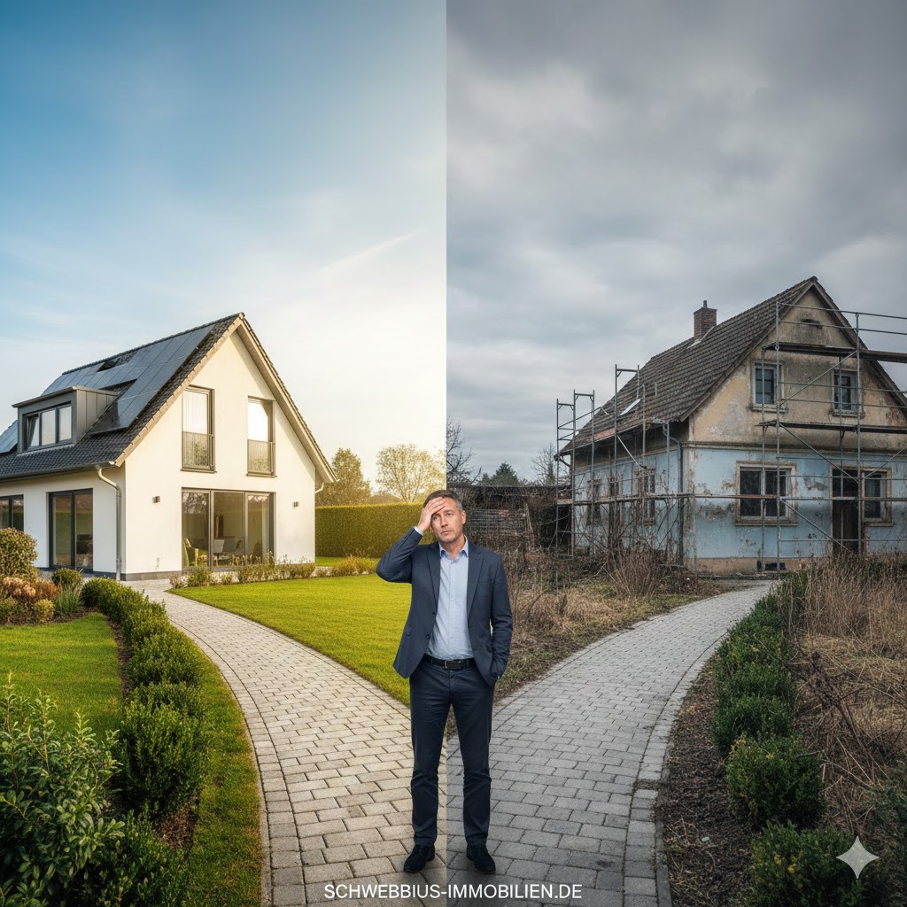 "Eine surrealistische Darstellung, die das Dilemma 'Sanieren oder Verkaufen' symbolisiert. Im Vordergrund sind zwei geteilte Wege zu sehen, die in entgegengesetzte Richtungen führen. Der eine Weg führt zu einem modernen, frisch sanierten Haus mit strahlenden Fenstern und Solaranlage auf dem Dach, umgeben von einem aufgeräumten Garten. Der andere Weg führt zu einem älteren, etwas vernachlässigten Haus mit Anzeichen von Sanierungsbedarf (z.B. ein Gerüst, das halb abgebaut ist, oder ein veraltetes Fenster). In der Mitte, auf dem Scheideweg, steht eine nachdenkliche Person (geschlechtsneutral, etwa 40-50 Jahre alt), die zwischen den beiden Wegen schwankt und sich an der Stirn reibt. Die Farbgebung sollte eine Mischung aus warmen (für das sanierte Haus) und leicht kühleren, gedeckten Tönen (für das sanierungsbedürftige Haus) sein, um den Kontrast zu verstärken. Der Stil ist fotorealistisch mit einem Hauch von konzeptioneller Kunst.