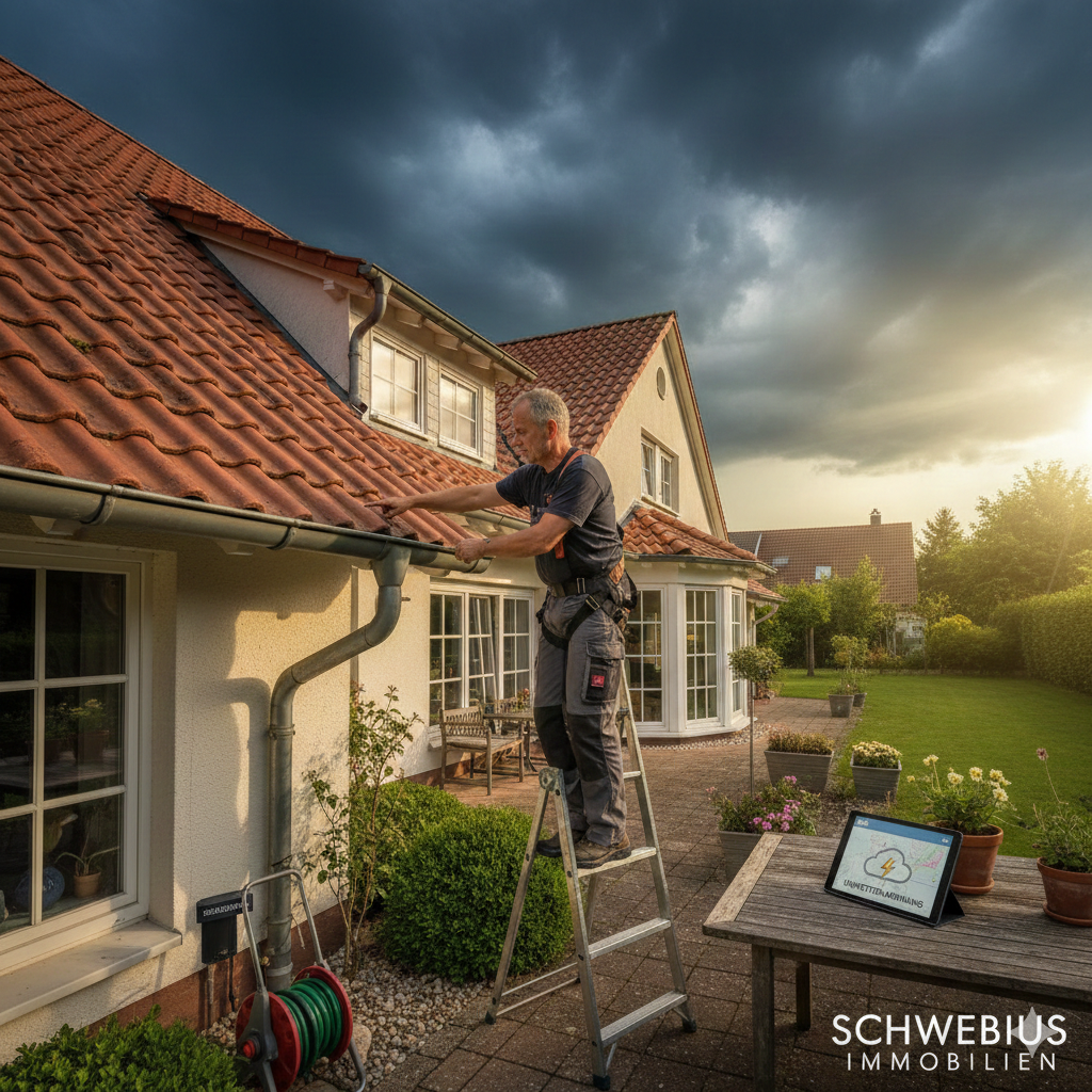 Handwerker steht auf einer Leiter und arbeitet an der Dachrinne eines Hauses mit rotem Ziegeldach bei bewölktem Himmel