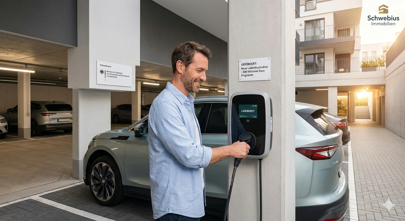 Mann lädt Elektroauto an Ladestation in Parkhaus mit mehreren geparkten Autos. 500 Mio. € Förderung: E-Auto-Laden für Mieter & Eigentümer