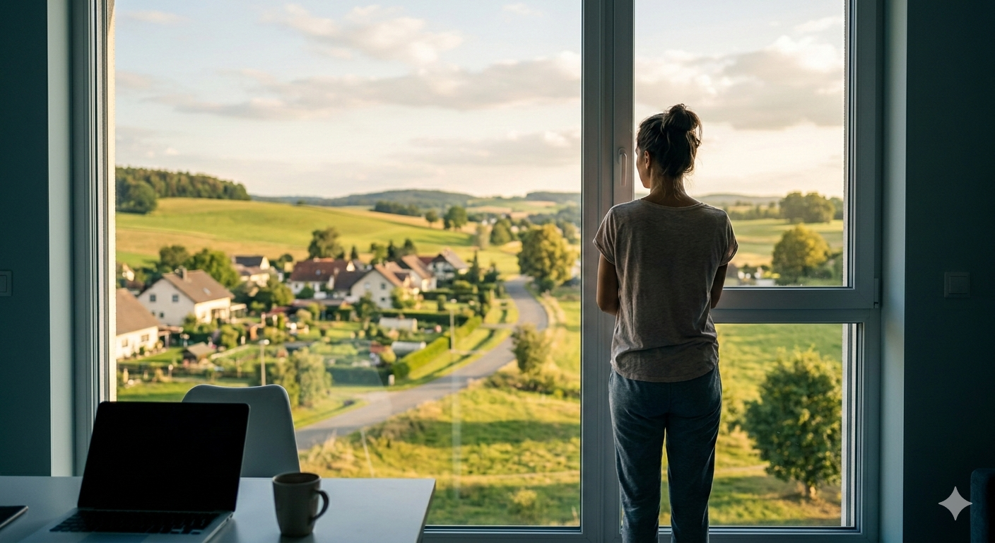 Frau steht vor großem Fenster und blickt auf ländliche Wohnhäuser und grüne Felder. Das Foto symbolisiert die Sehnsucht nach Weite und Natur