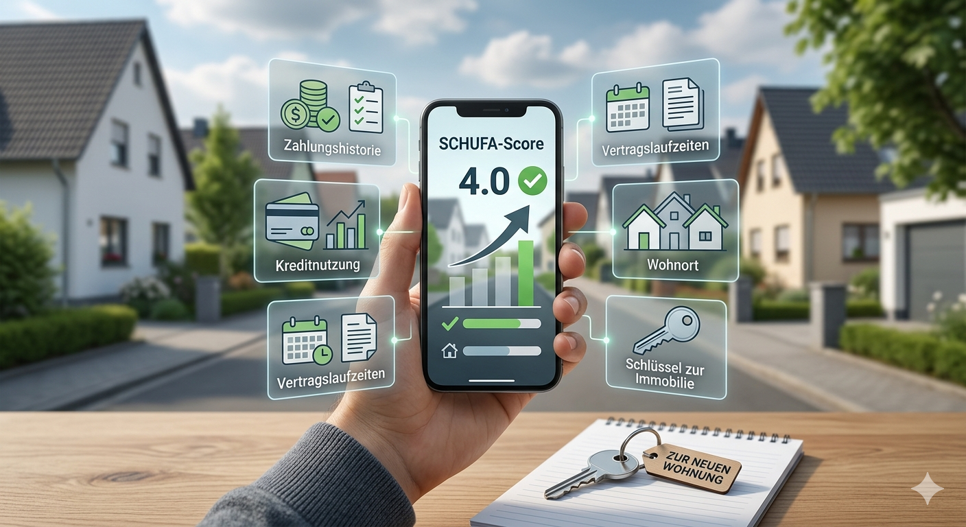 Hand hält Smartphone mit Anzeige "SCHUFA-Score 4.0" und Grafiken zu Zahlungshistorie, Kreditnutzung, Vertragslaufzeiten, Wohnort und Schlüssel zur Immobilie vor Wohnstraße mit Einfamilienhäusern. Ein Beitrag von Schwebius-Immobilien