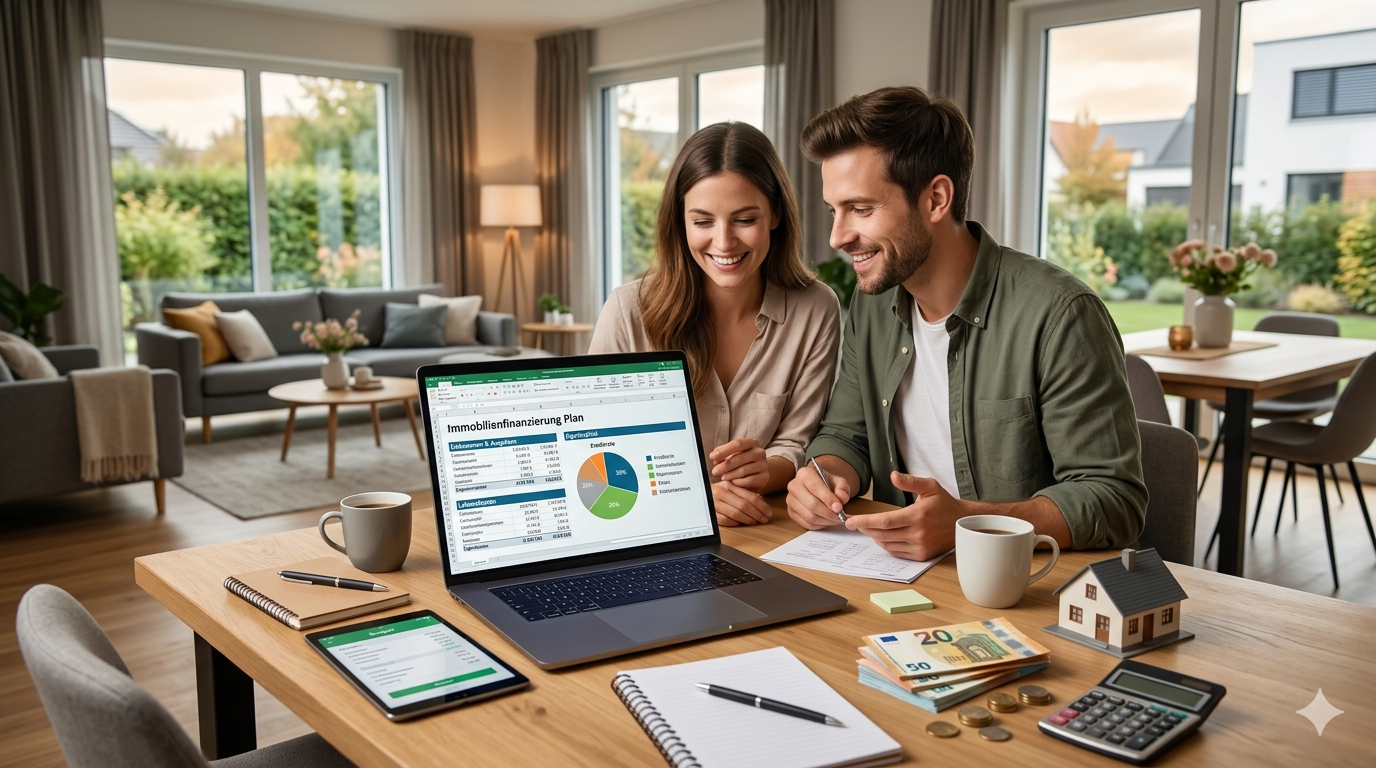 Paar sitzt am Tisch mit Laptop, Tablet, Geldscheinen, Münzen, Taschenrechner und Modellhaus in modernem Wohnzimmer, die Finanzierung des Angebots von Schwebius-Immobilien.de wird geprüft