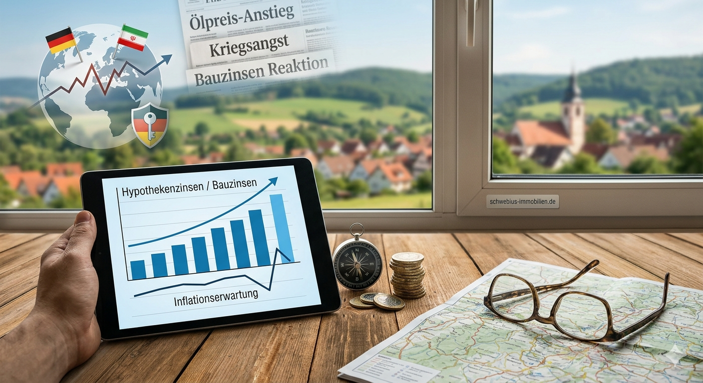 Tablet mit einem Diagramm zu Hypothekenzinsen und Bauzinsen auf einem Holztisch vor einem Fenster mit Blick auf eine ländliche Ortschaft, daneben Kompass, Münzstapel, Brille und Landkarte