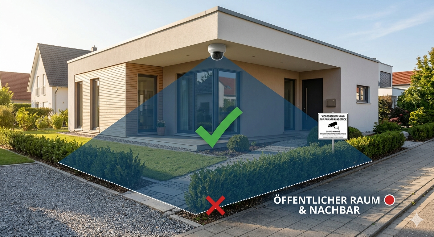 Einfamilienhaus mit Überwachungskamera an der Hausecke und Schild mit Kamera-Symbol auf dem Grundstück