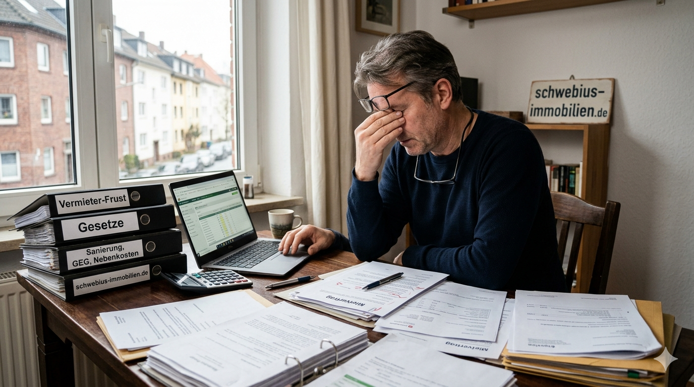 Mann sitzt an einem Tisch mit vielen Unterlagen, Ordnern mit den Beschriftungen 'Vermieter-Frust', 'Gesetze' und 'Sanierung GEG, Heizkosten', einem Laptop und Taschenrechner, im Hintergrund ein Schild mit 'schwebius-immobilien.de'
