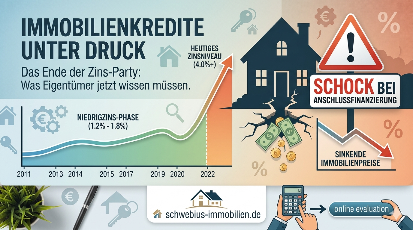 Infografik zeigt steigendes Zinsniveau bei Immobilienkrediten von 2011 bis 2022 mit Warnhinweis zu Schock bei Anschlussfinanzierung und sinkenden Immobilienpreisen