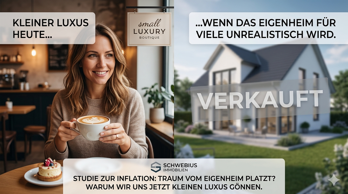 Frau mit langen Haaren hält eine Tasse Kaffee vor einem Schild mit der Aufschrift 'small LUXURY BOUTIQUE' und einem Textfeld mit 'KLEINER LUXUS HEUTE...', daneben ein modernes Haus mit dem Schriftzug 'VERKAUFT' und dem Text '...WENN DAS EIGENHEIM FÜR VIELE UNREALISTISCH WIRD.'