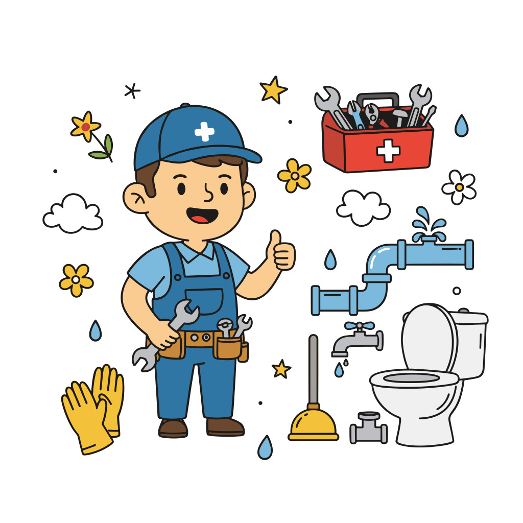 Handwerker mit blauer Arbeitskleidung und Werkzeuggürtel zeigt Daumen hoch, umgeben von Werkzeugkasten, Gummihandschuhen, Rohrleitungen, Toilette, Pümpel und Wassertröpfchen
