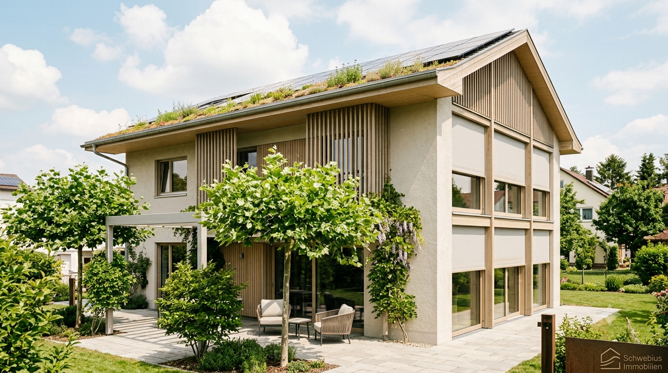 Modernes zweistöckiges Wohnhaus mit begrüntem Flachdach und großen Fenstern in einem Garten mit Bäumen und Sträuchern